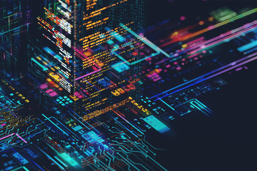 Digital transformation and big data. AI Artificial Intelligence concept CPU quantum computing. program code