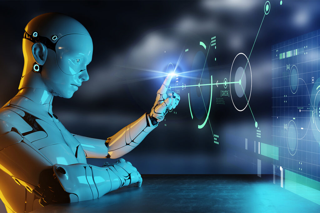 Future world digital technology android robot working replace human, 3D humanoid cyborg pointing finger programming on HUD interface computer screen futuristic background