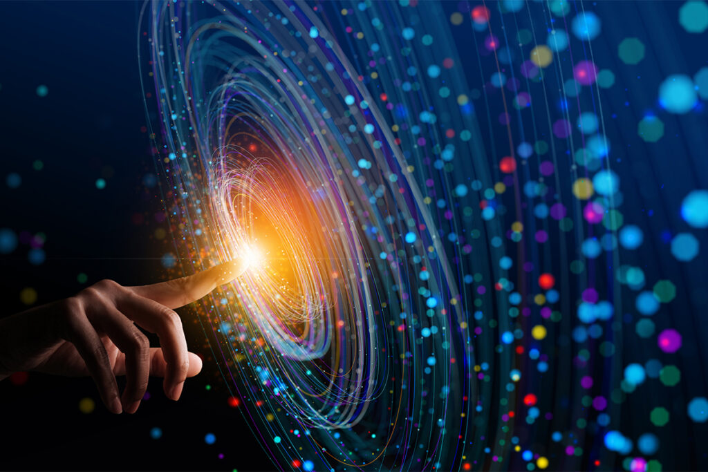 Big Data concept. Digital neural network.Business woman hand touching Introduction of artificial intelligence. Cyberspace of future.Science and innovation of technology.