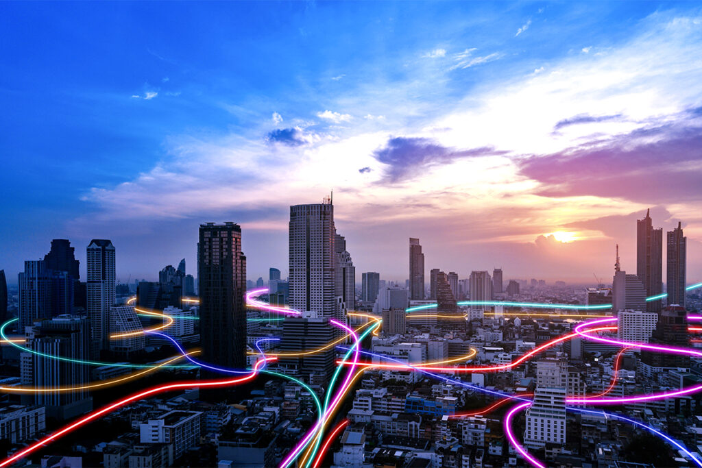 Smart city with speed line glowing light trail surround the city. big data connection technology concept.