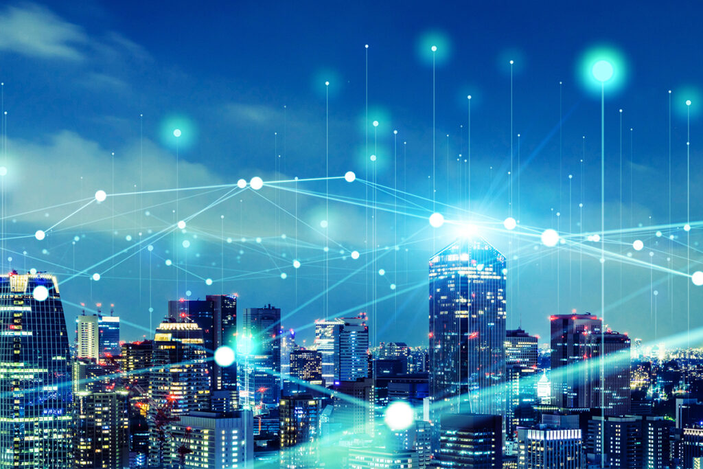 Modern cityscape and communication network concept. Telecommunication. IoT (Internet of Things). ICT (Information communication Technology). 5G. Smart city. Digital transformation.