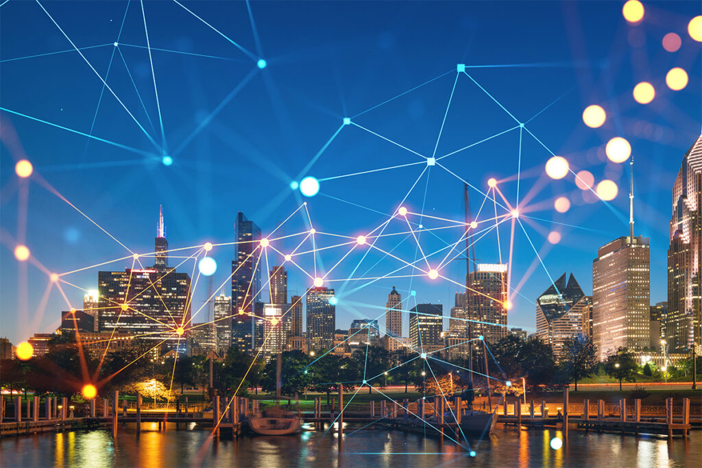 Downtown skyscrapers city view, Chicago skyline panorama, Lake Michigan, harbor area, night time, Illinois, USA. Social media hologram. Concept of networking and establishing new people connections