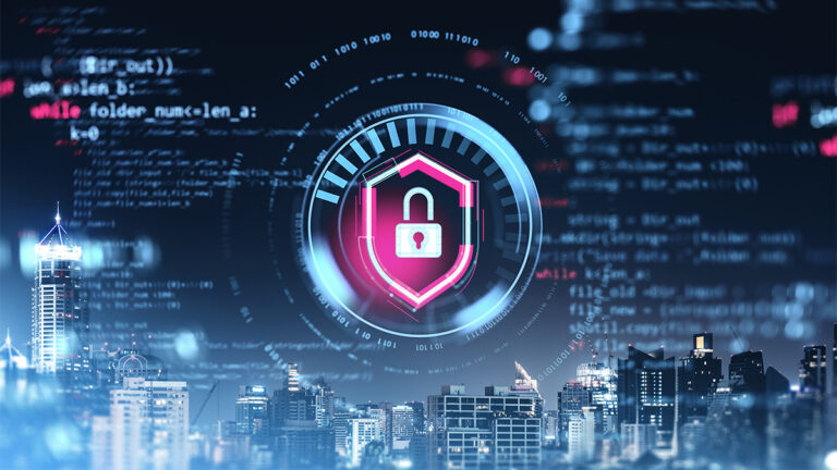 Digital security lock icon over virtual cityscape with programming code elements.