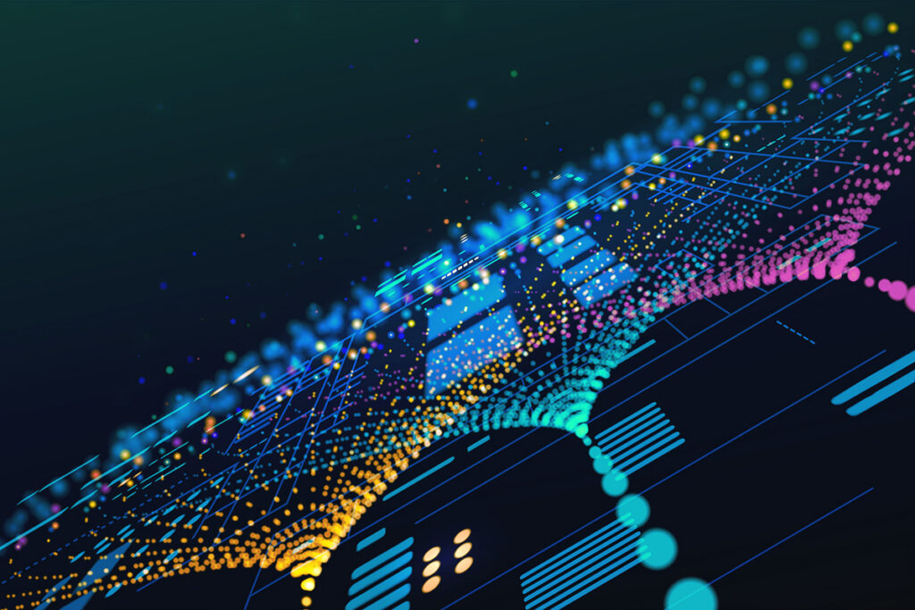 High speed Big Data stream visualization. Abstract digital flow of information, dynamic data transfer network, technology connection background. Represents AI, velocity, and future tech communication.