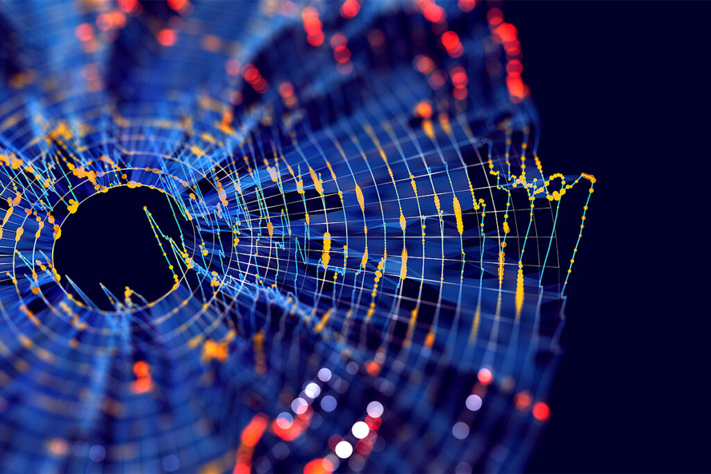 Abstract futuristic graph information computing on disk space in dark cyberspace. Complex Big Data analysis processing. Digital AI technology information with defocus.