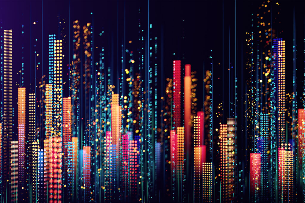 Vibrant Neon Cityscape With Dots And Light Beams In Abstract Night Scene Of Colorful Skyscrapers