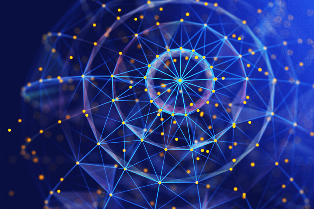 Abstract background 3D digital sphere quantum computing in cyber space. 3D algorithm blockchain grid global. Big data. Artificial intelligence design.