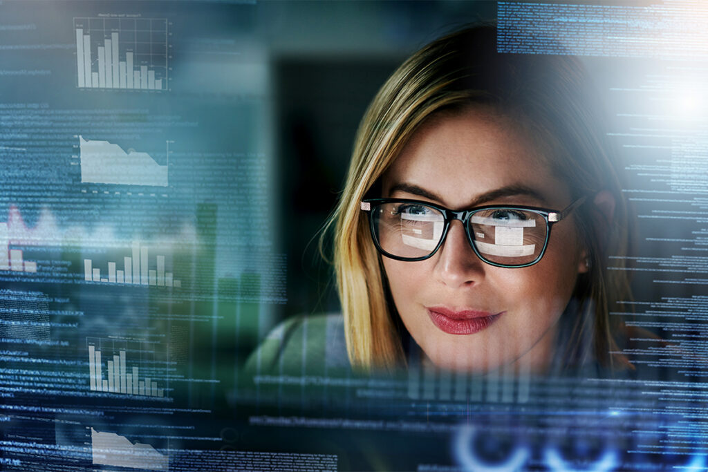 Fintech, futuristic hologram and woman on computer for online finance, stock trading and data analysis. Digital transformation, software overlay and face of girl for financial analytics on 3d screen