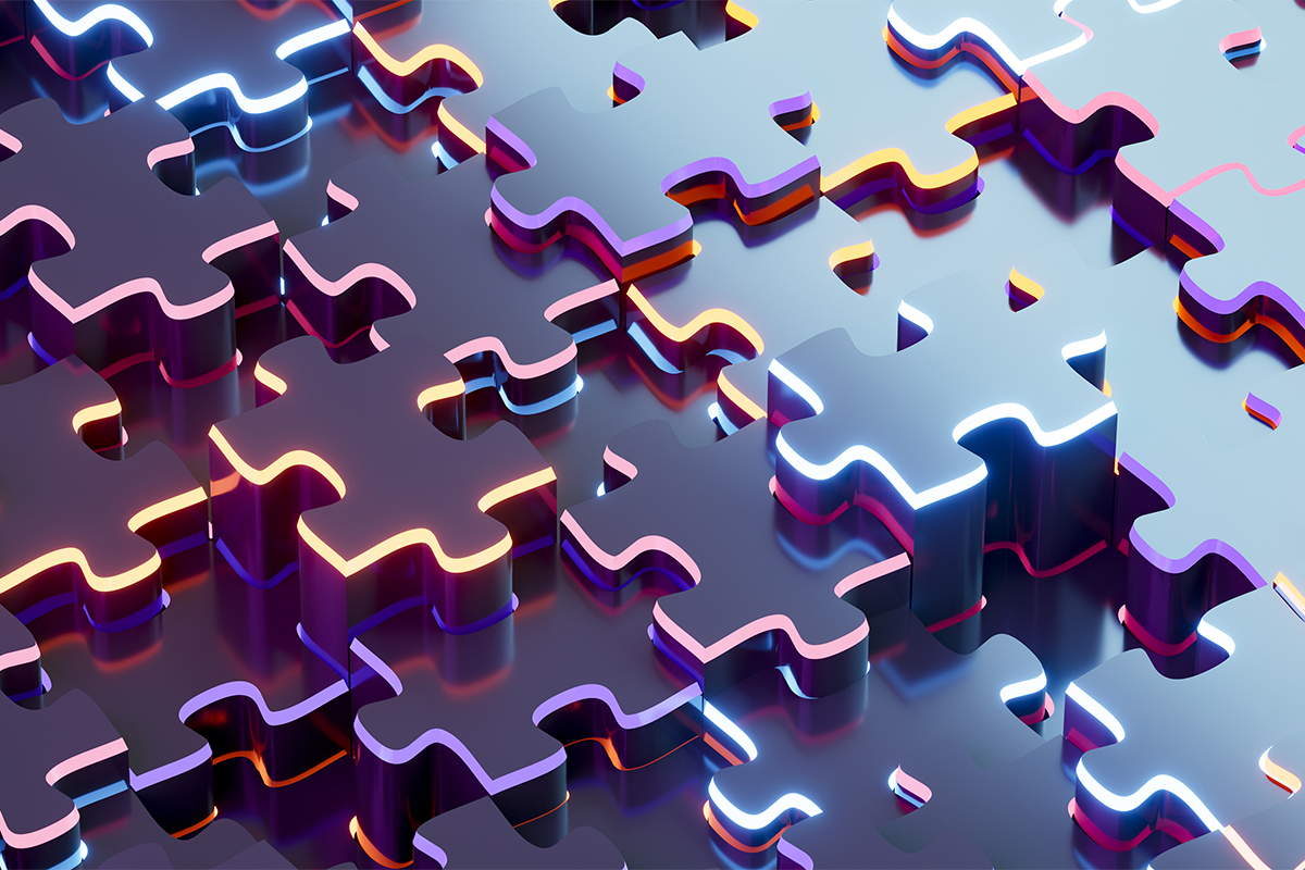 Jigsaw Puzzle Pieces with Neon Lines, Cyber Background
